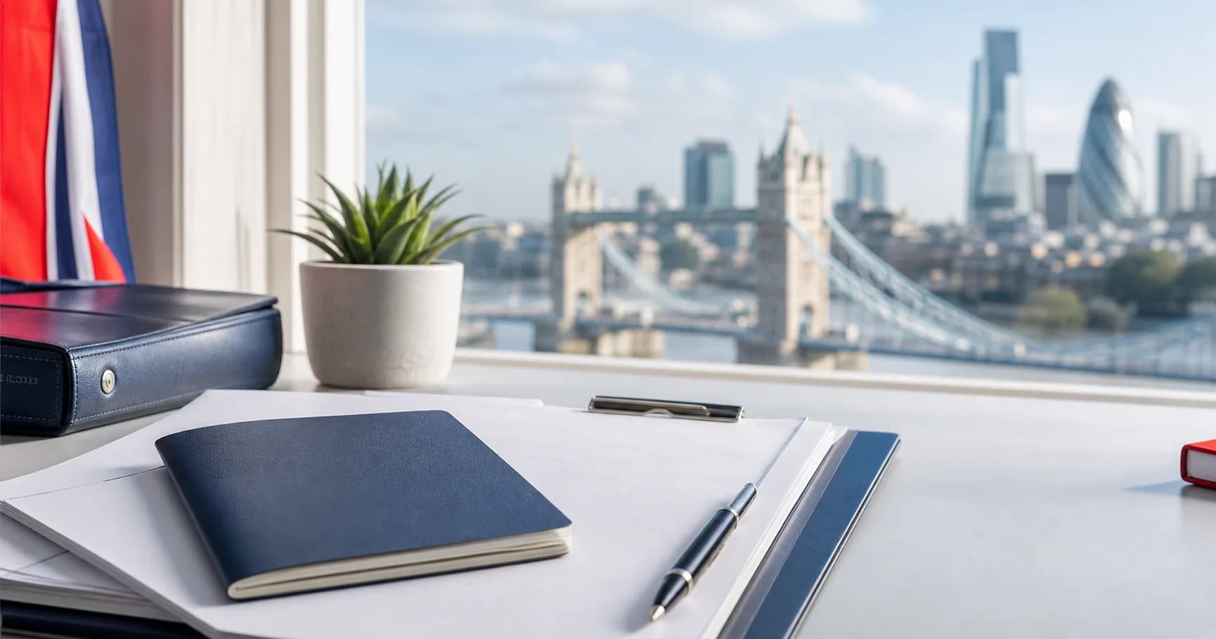İngiltərə vizası üçün pasport, sənədlər və London mənzərəsi
